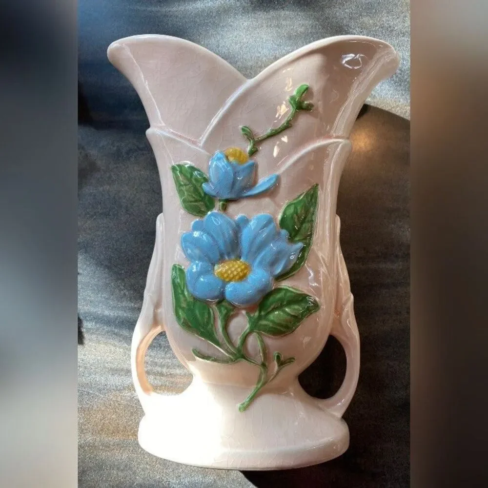 Vintage Hull Art Vase Pink Flowers 11 x 8.5” Double Handle